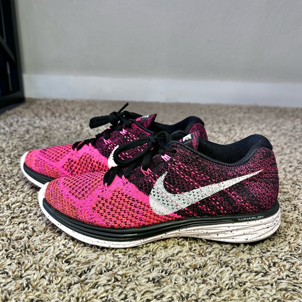 Nike Flyknit Lunar 3 Pink Black Running Shoes Sneakers 698182-002 Women Size 6.5